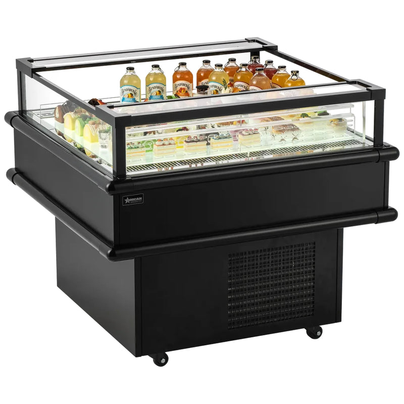 Omcan 48570 37 1/2-inch black open top island refrigerated display case stocked with drinks and desserts, angled view
