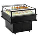 Omcan 48570 37 1/2-inch black open top island refrigerated display case stocked with drinks and desserts, angled view