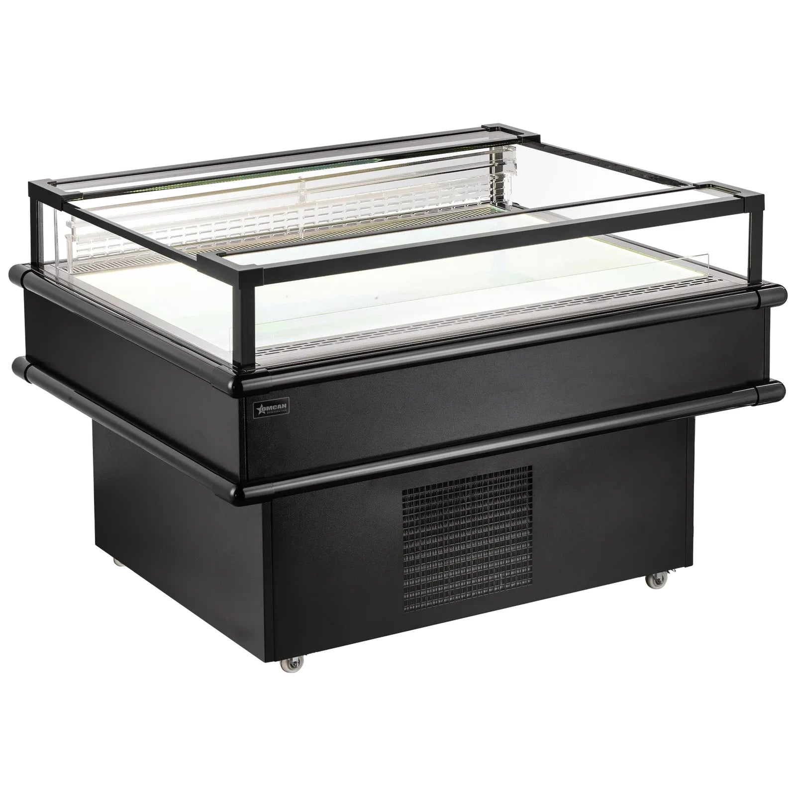 Omcan 48571 50-inch black open top island refrigerated display case with glass sides, empty, angled view