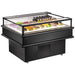 Omcan 48571 50-inch black open top island refrigerated display case stocked with drinks and desserts, angled view