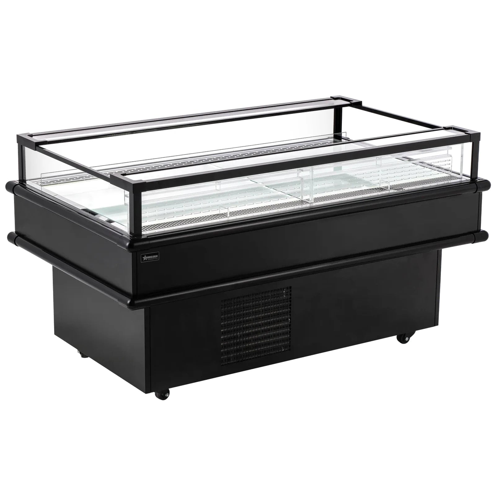 Omcan 48572 61-inch black open top island refrigerated display case with glass sides, empty, angled view