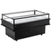 Omcan 48572 61-inch black open top island refrigerated display case with glass sides, empty, angled view