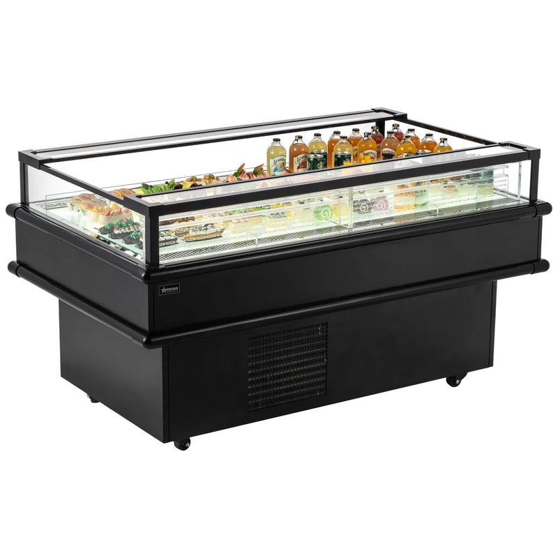 Omcan 48572 61-inch black open top island refrigerated display case stocked with drinks and desserts, angled view
