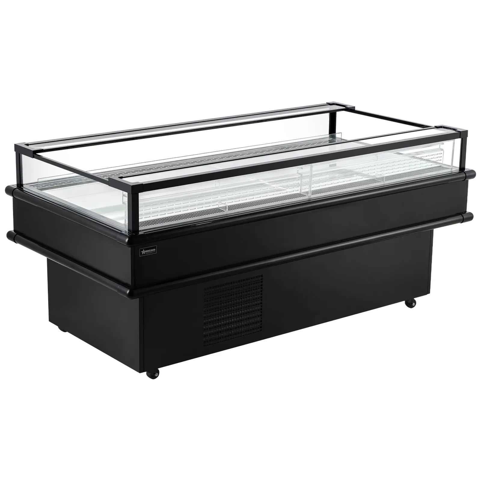 Omcan 48573 73-inch black open top island refrigerated display case with glass sides, empty, angled view
