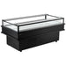 Omcan 48573 73-inch black open top island refrigerated display case with glass sides, empty, angled view