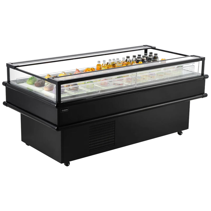 Omcan 48573 73-inch black open top island refrigerated display case stocked with drinks and desserts, angled view