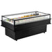Omcan 48573 73-inch black open top island refrigerated display case stocked with drinks and desserts, angled view