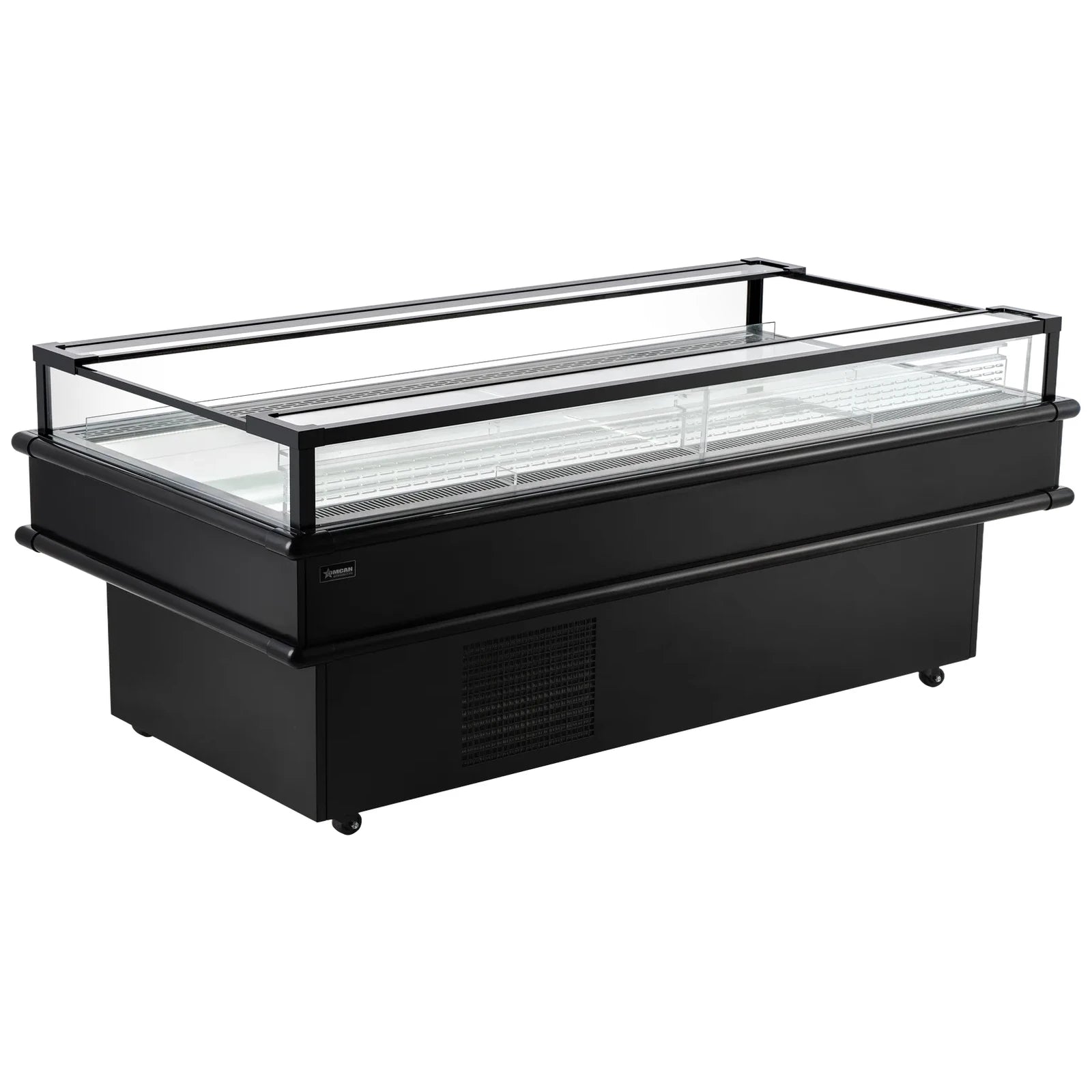 Omcan 48604 85-inch black open top island refrigerated display case with glass sides, empty, angled view
