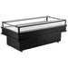 Omcan 48604 85-inch black open top island refrigerated display case with glass sides, empty, angled view