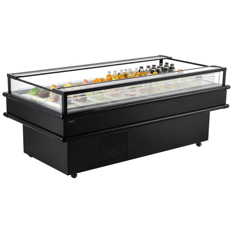 Omcan 48604 85-inch black open top island refrigerated display case stocked with drinks and desserts, angled view
