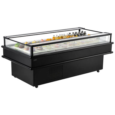 Omcan 48604 85-inch black open top island refrigerated display case stocked with drinks and desserts, angled view