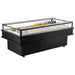 Omcan 48604 85-inch black open top island refrigerated display case stocked with drinks and desserts, angled view