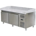 Omcan 48621 80-inch double door refrigerated pizza prep table with granite top and backsplash, angled left view