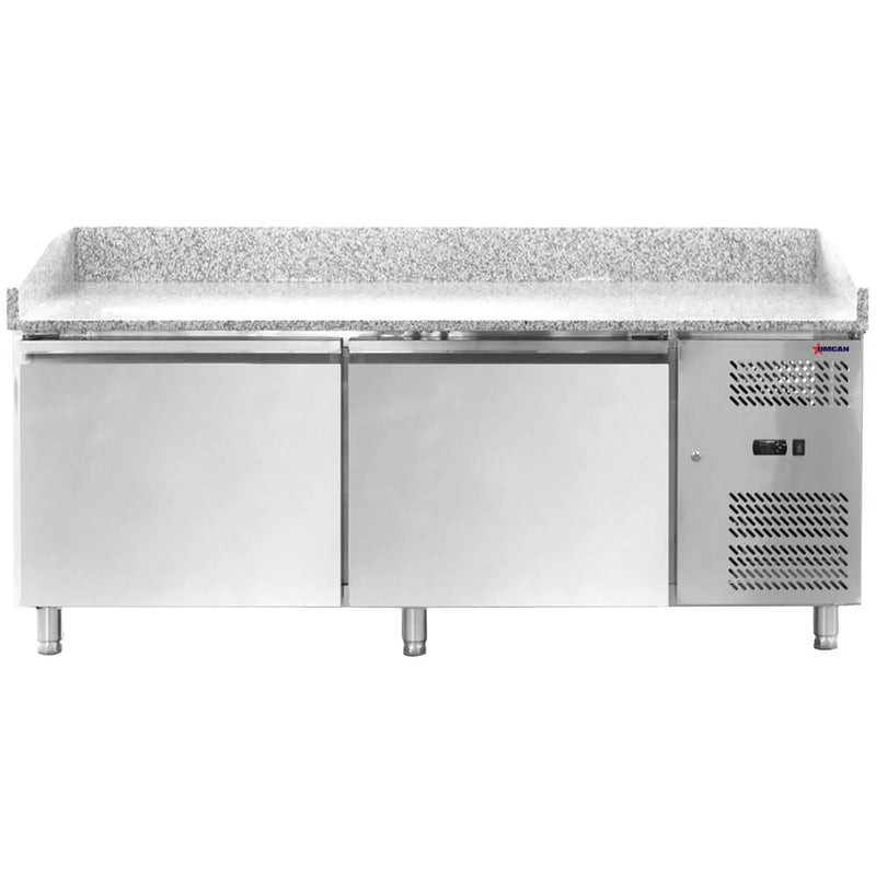 Omcan 48621 80-inch double door refrigerated pizza prep table with granite top and stainless steel cabinet, front view