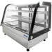 Omcan 48887 countertop 35-inch drop-in refrigerated pastry display case, angled view with black trim and wire shelves