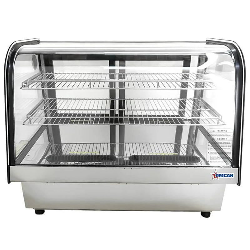 Omcan 48887 countertop 35-inch drop-in refrigerated pastry display case with curved glass front, front view