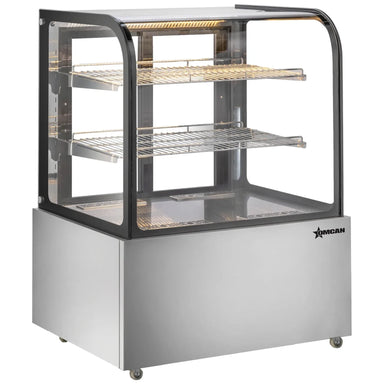 Omcan 49296 37-inch curved glass floor display warmer with 2 shelves and stainless steel base, angled view