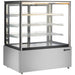 Omcan 49297 48-inch square glass floor display warmer with 3 shelves and stainless steel base, angled view