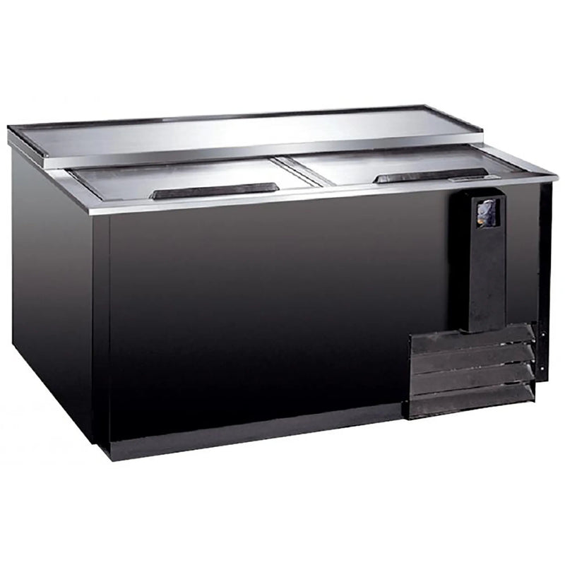 Omcan 50039 commercial 49-inch horizontal bottle cooler in black with stainless steel top, two lids and bottle opener