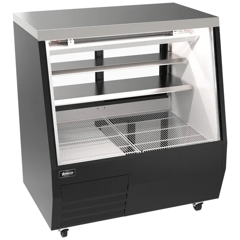 Omcan 50104 50-inch black straight glass refrigerated deli case with shelves and lower storage, angled view