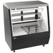 Omcan 50104 50-inch black straight glass refrigerated deli case with shelves and lower storage, angled view