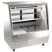 Omcan 50105 50-inch stainless steel straight glass refrigerated deli case with shelves and lower storage, angled view