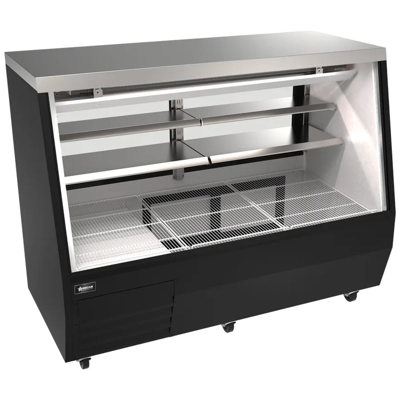 Omcan 50106 71-inch black straight glass refrigerated deli case with shelves and lower storage, angled view