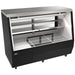 Omcan 50106 71-inch black straight glass refrigerated deli case with shelves and lower storage, angled view