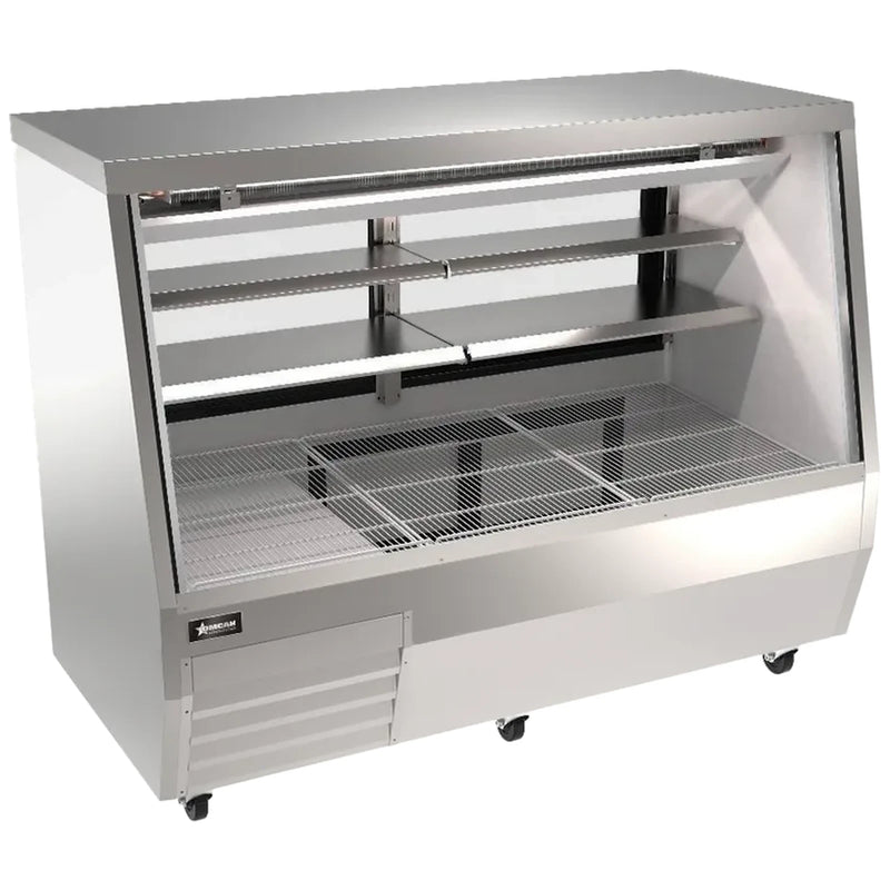 Omcan 50107 71-inch stainless steel straight glass refrigerated deli case with shelves and lower storage, angled view