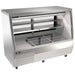 Omcan 50107 71-inch stainless steel straight glass refrigerated deli case with shelves and lower storage, angled view