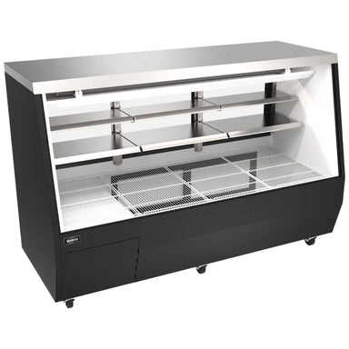 Omcan 50108 84-inch black straight glass refrigerated deli case with shelves and lower storage, angled view