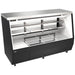 Omcan 50108 84-inch black straight glass refrigerated deli case with shelves and lower storage, angled view