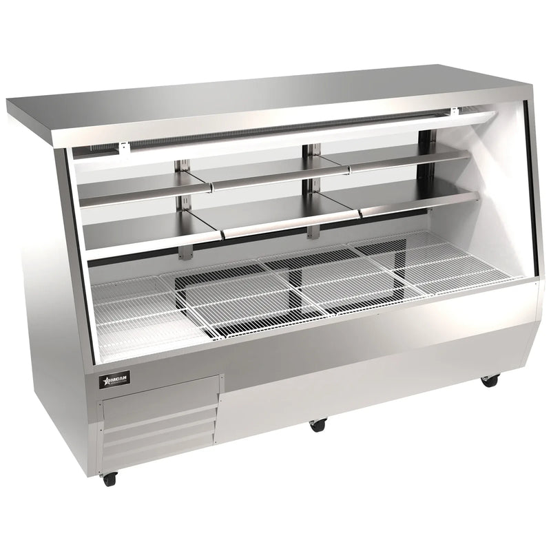 Omcan 50109 84-inch stainless steel straight glass refrigerated deli case with shelves and lower storage, angled view