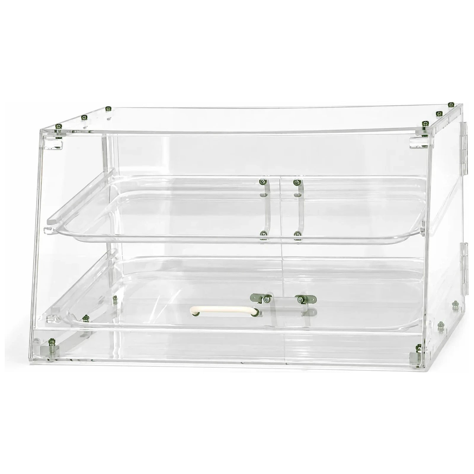 Omcan 80567 2-tray clear acrylic pastry display case, empty, angled view