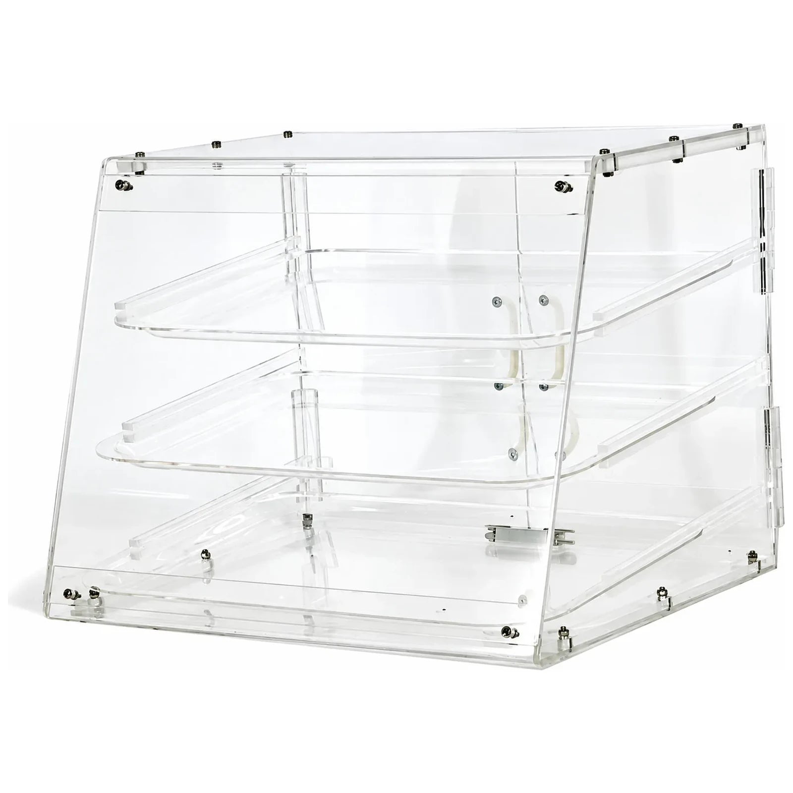 Omcan 80568 3-tray clear acrylic pastry display case, empty, angled view