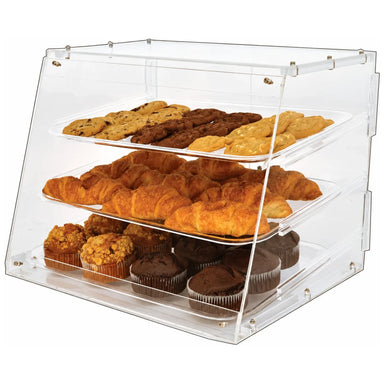 Omcan 80568 3-tray acrylic bakery display case stocked with pastries and muffins, angled view