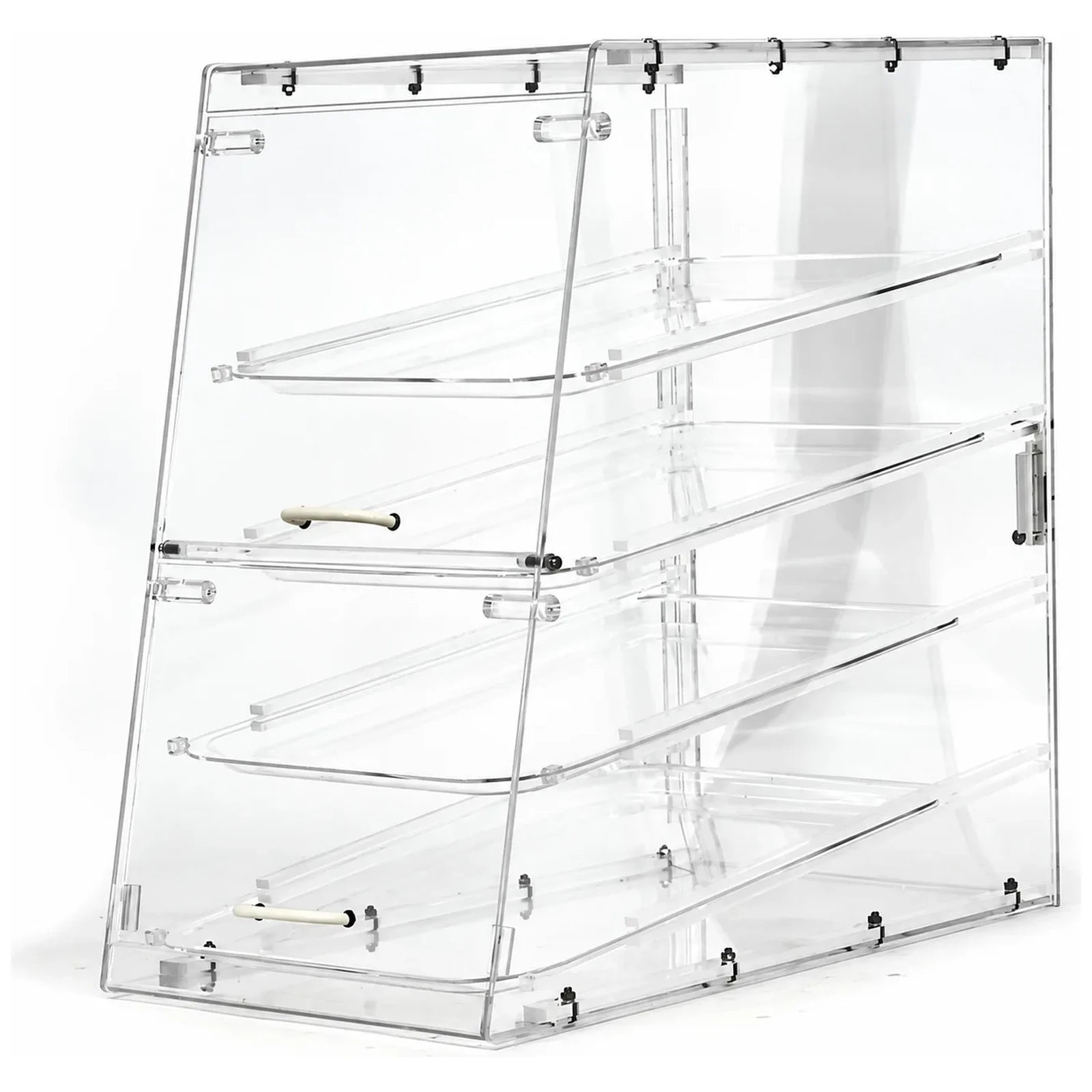 Omcan 80569 4-tray clear acrylic pastry display case, empty, angled view