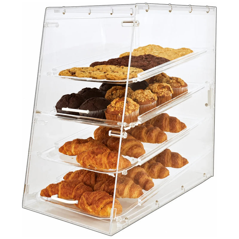 Omcan 80569 4-tray acrylic bakery display case stocked with croissants and cookies, angled view