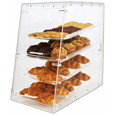 Omcan 80569 4-tray acrylic bakery display case stocked with croissants and cookies, angled view
