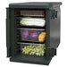 Omcan 80634 full-size insulated food carrier, black body with door open showing food pans of fresh produce inside