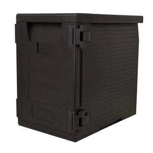 Omcan 80634 full-size insulated food carrier with 58.5L capacity, black body with front panel and latches