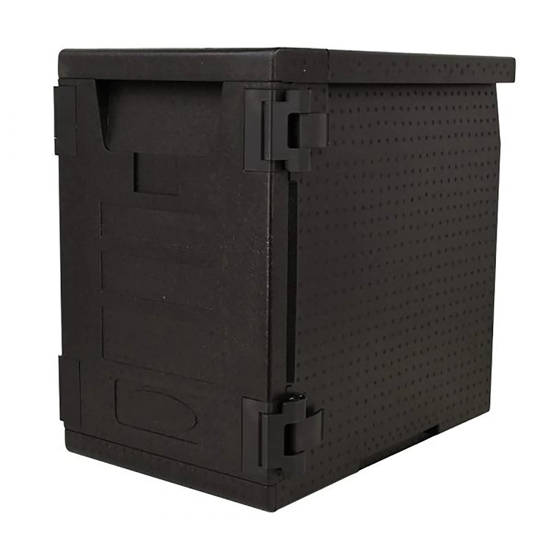 Omcan 80634 full-size insulated food carrier with 58.5L capacity, black body with front panel and latches