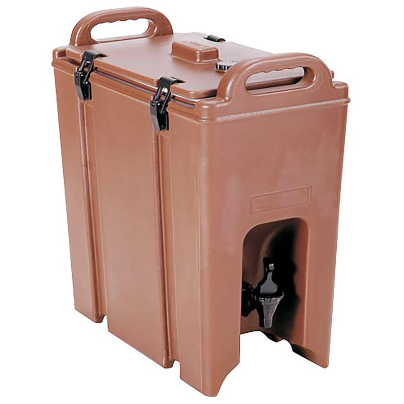 Omcan 80902 insulated 18L beverage dispenser in brown plastic with molded handles, latched lid and front tap