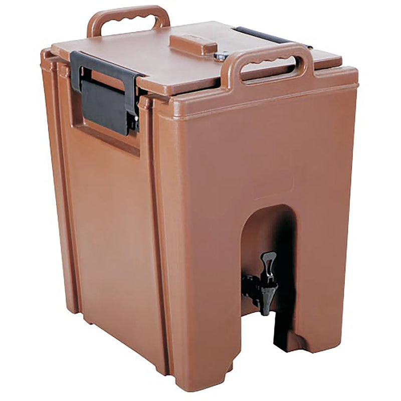 Omcan 80903 insulated 44.5L beverage dispenser in brown plastic with top handle, lid latches and front spigot