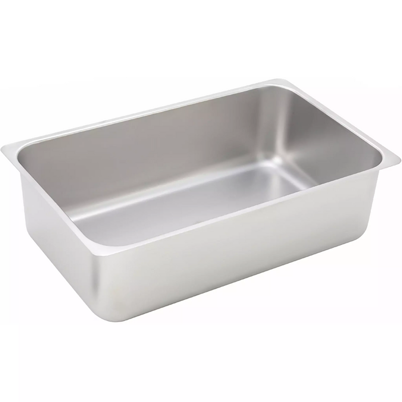 Omcan 80907 stainless steel 6-inch deep full size spillage pan with rolled rim, angled view of the empty pan