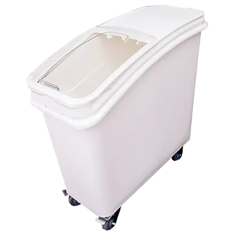 Omcan 80985 21 gallon white ingredient bin with casters and sliding clear lid over a hinged front opening