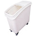 Omcan 80985 21 gallon white ingredient bin with casters and sliding clear lid over a hinged front opening
