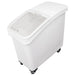 Omcan 80986 27 gallon white mobile ingredient bin with casters, sliding clear lid and front handle, angled view