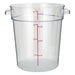 Omcan clear polypropylene round storage container, tall 4 quart size with red measurement markings and handles
