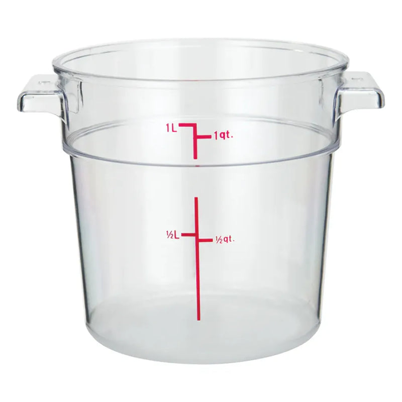 Omcan clear polypropylene round storage container with handles and red graduations to 1 quart, smallest size